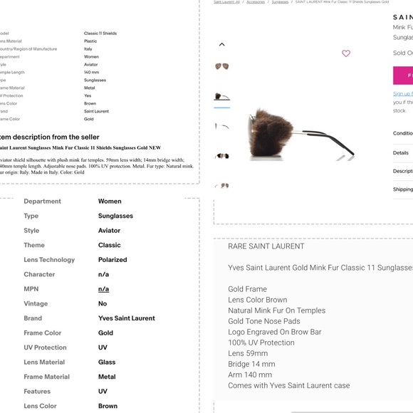 SAINT LAURENT DETACHABLE NATURAL MINK FUR ON SUNGLASSES, SO COOL FOR FUR FANS❣️ - Picture 11 of 16